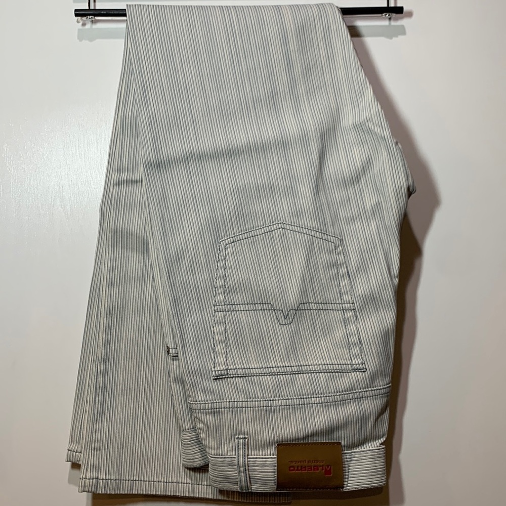 Alberto Mens White/Blue/Gray Multistripe Pants